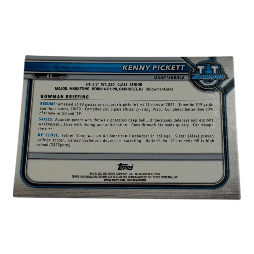 2022 Bowman University Chrome Kenny Pickett 1st Bowman‎ Pink Refractor Pitt QB